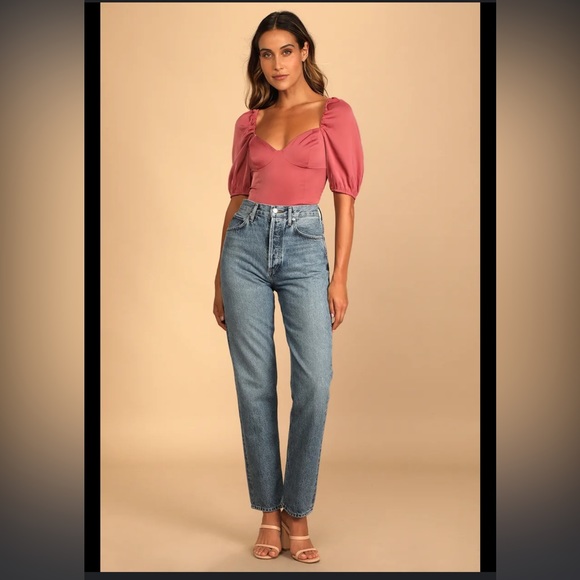 Lulus Tops - Lulus-Sweet Personality Rusty Rose Puff Sleeve Bodysuit L